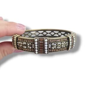 Heidi Daus Bangle Bracelet Hinge Old Gold Bronze White Crystal Age Of elegance